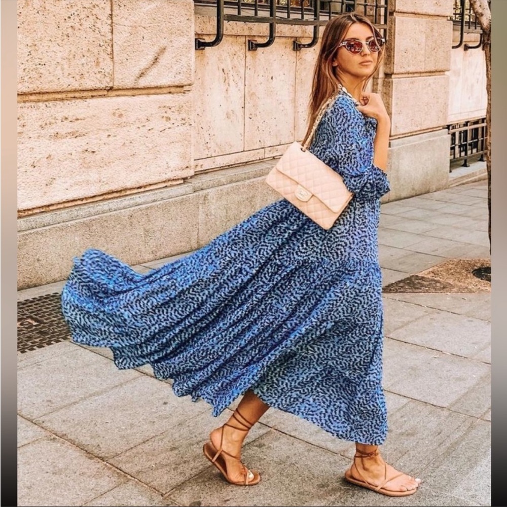 Zara Blue Angel Long Sleeve Prairie Maxi Dress zig zag print - Picture 2 of 8